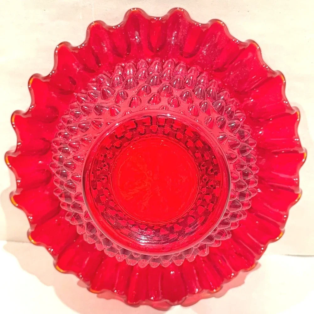 Vintage Fenton LG Wright Ruby Red Hobnail 3 Pc Fairy Lamp Ruffled UV Glow